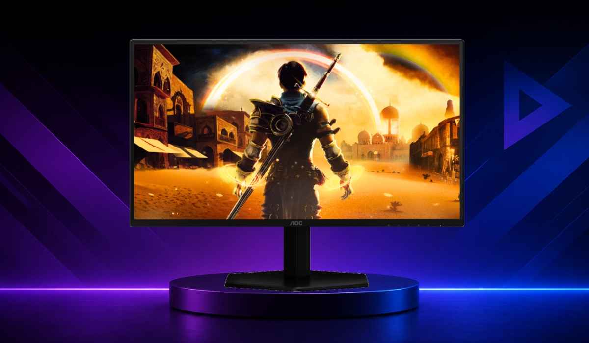 AOC 25G42E gejming monitor na ljubičasto-plavoj pozadini.