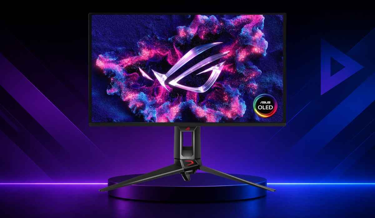 ASUS ROG Swift PG27UCDM OLED gejming monitor na ljubičasto-plavoj pozadini.