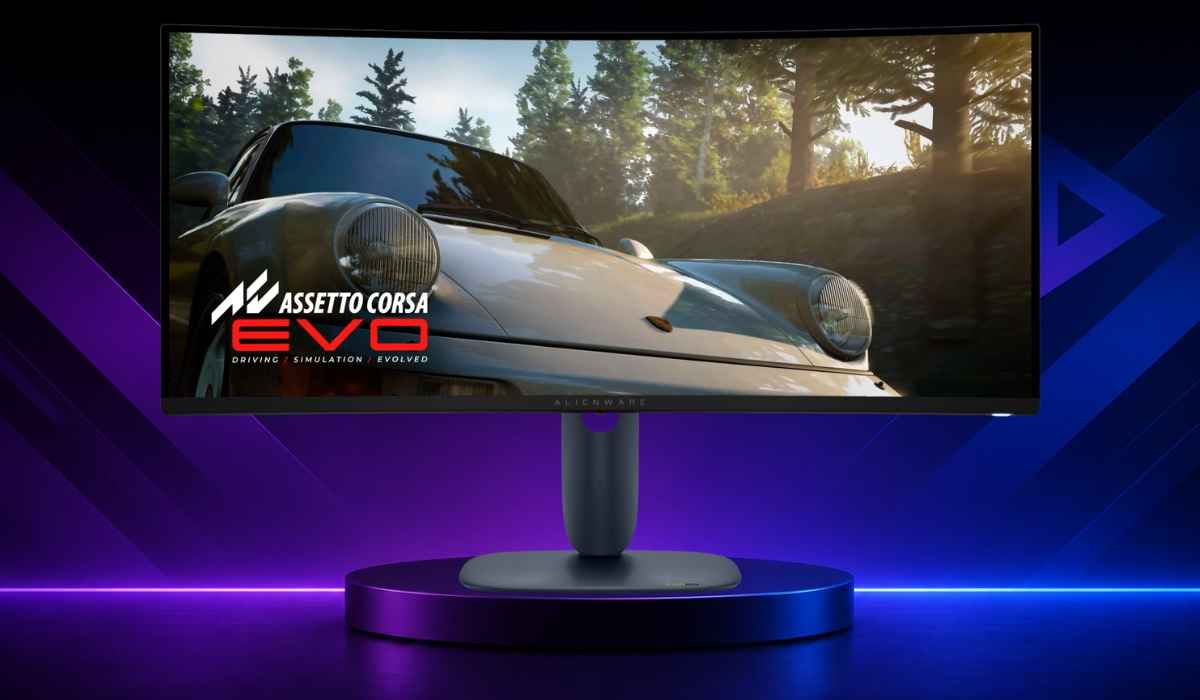 Alienware AW3425DW ultrawide gejming monitor na ljubičasto-plavoj pozadini.