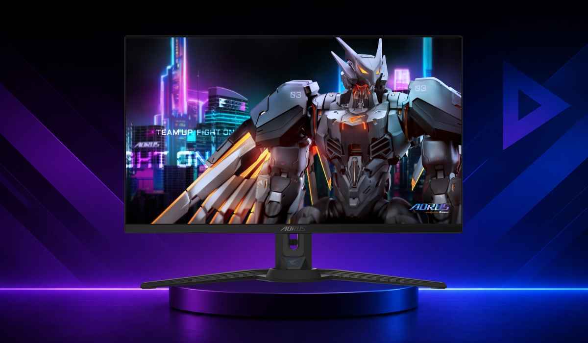 Gigabyte AORUS FO27Q3 gejming monitor na ljubičasto-plavoj pozadini.